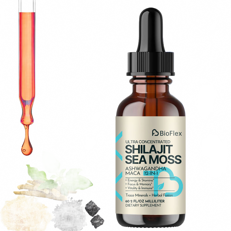 BioFlex 12-in-1 Shilajit Liquid Drops with Irish Moss, Ashwagandha & 85+ Trace Minerals Fulvic Acid for Men and Women