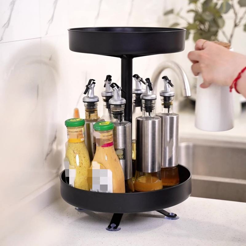 360° Rotating 2-Layer Metal Kitchen Organizer Spice Rack Multifunctional Home Storage Cabinet Shelf