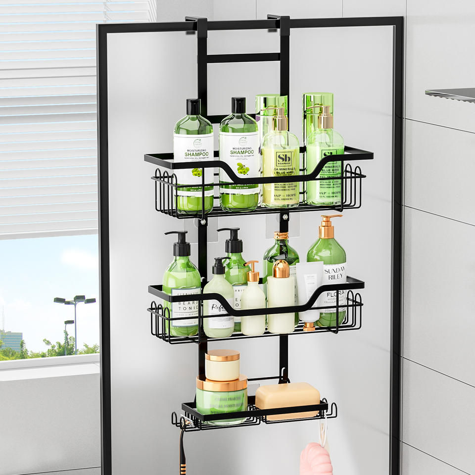 Hanging Shelf with Hooks and Adhesive Pads, Drill-Free Bathroom Storage Rack Shower Caddy