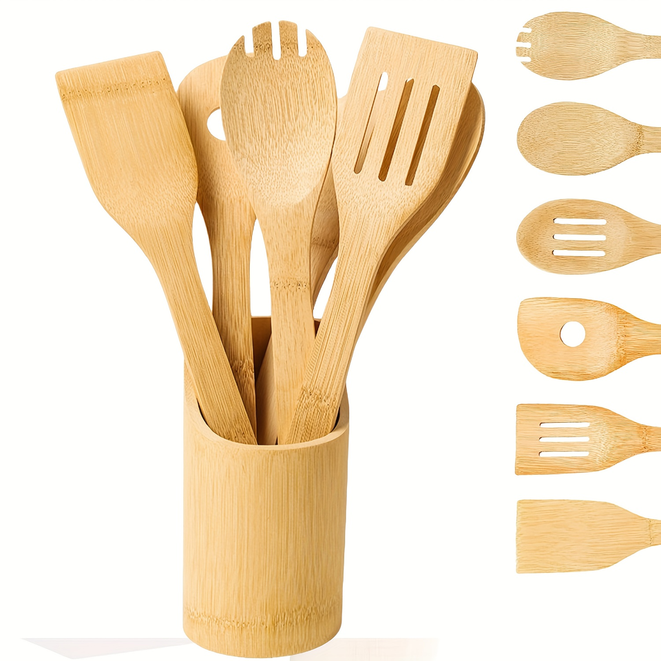 Bamboo Cooking Spoon Set for Everyday Kitchen Use - Durable, Easy to Clean, Sturdy, Lightweight, Heat Resistant