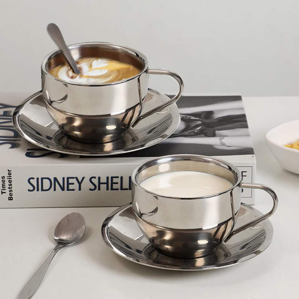 Modern Stainless Steel Espresso Cup Set with Durable Cup and Spoon