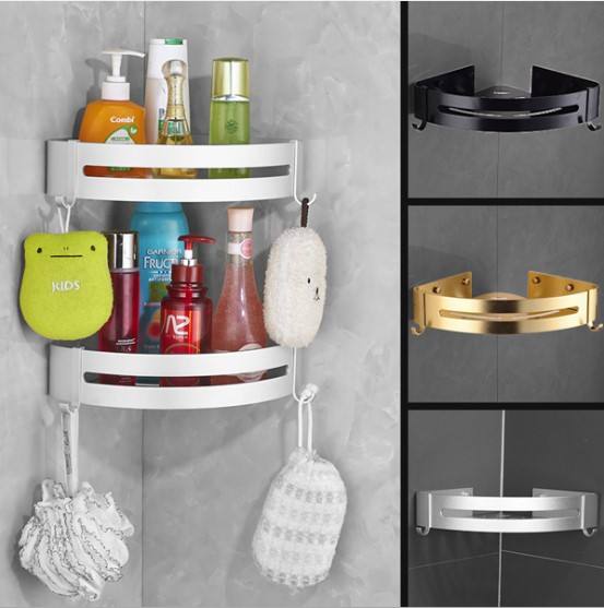 Aluminum Shower Caddy Shelf with Hooks for Bathroom Kitchen Storage Organizer Adhesive No Drilling