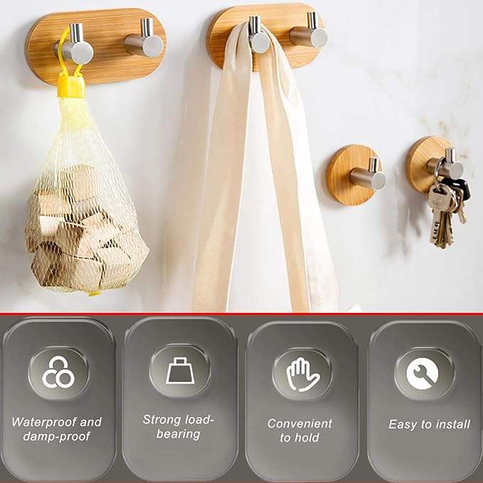 Bamboo and Wood Wall Hooks for Keys - Key Holder with Hooks - Decorative Wall Hook for Hanging Heavy-Duty Key Holders