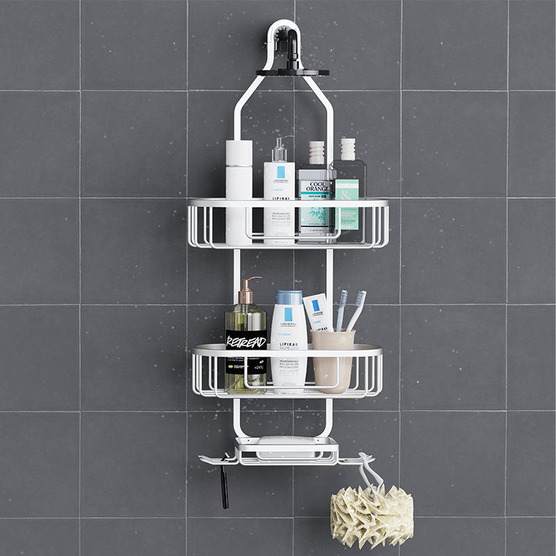 Aluminum Wall Self-Adhesive Shelves Bathroom Organizer Rack with Hooks
