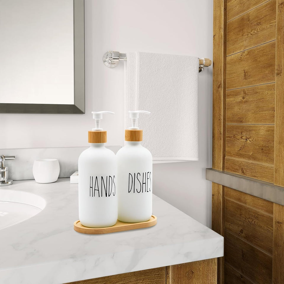 Modern Glass Soap Dispenser with Wooden Base, Hand Pump for Kitchen/Bathroom Countertop Design