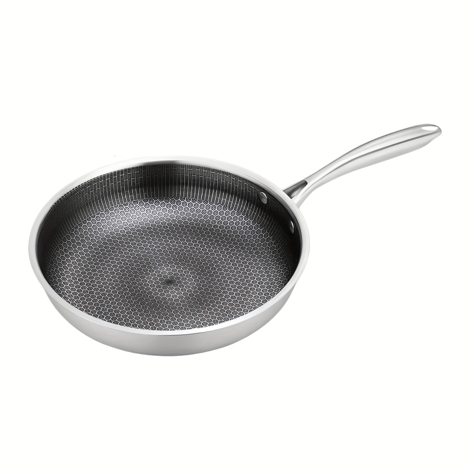 High-Quality Stainless Steel Frying Pan with Non-Stick Honeycomb Surface, Long-Handled Flat Pan for All Ovens
