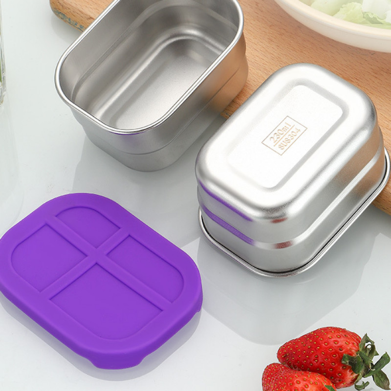 Stainless Steel 304 Rectangular Leakproof Sauce-Dipping Container with Silicone Lids for School, Camping, and Kitchen