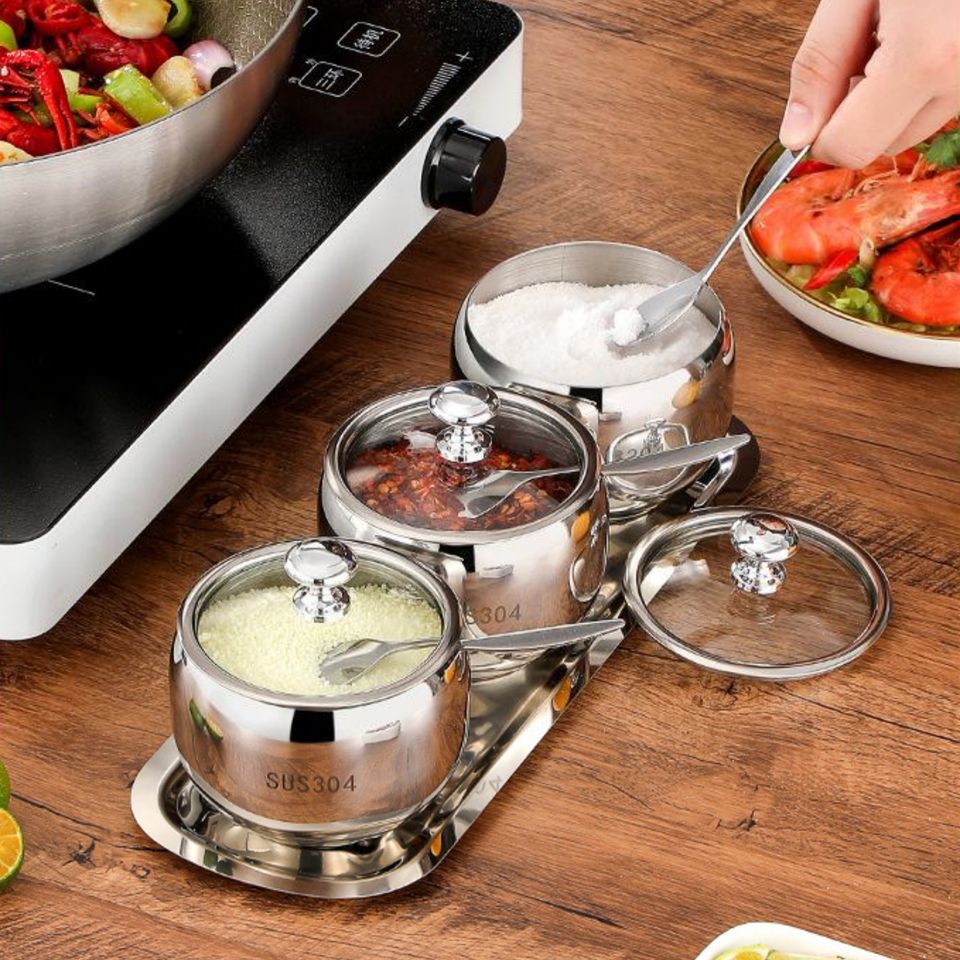 Stainless Steel Kitchen Spice Storage Bowls with Lid Spoon Herb Spice Tools Spice Holder Sugar Container Spice Organizer