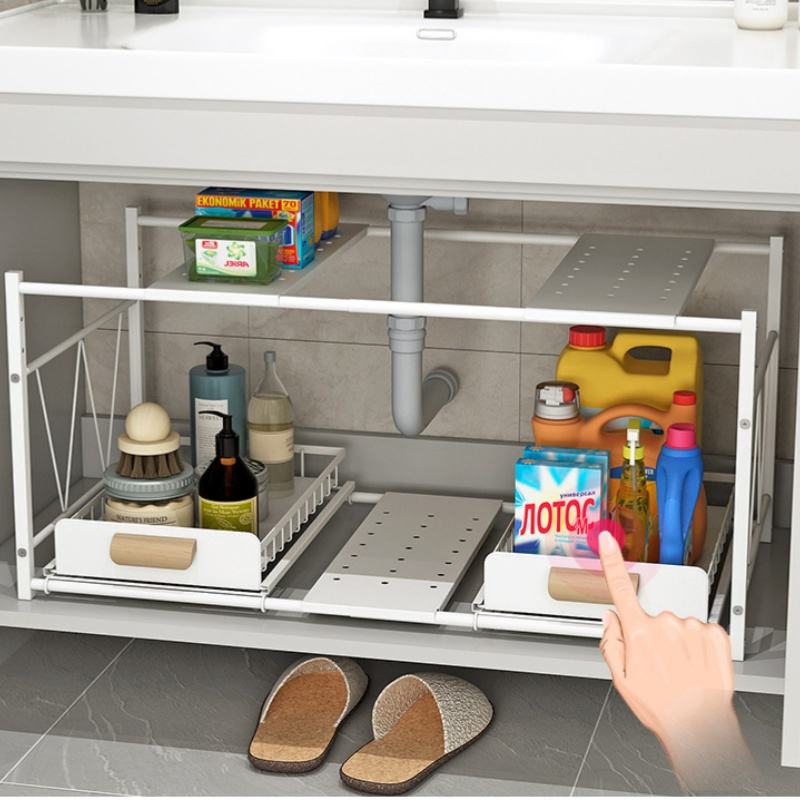 Expandable Kitchen Under Sink Organizer and Storage - Stainless Steel Bathroom Organizer and Storage - 2 Tier Sliding Basket Drawers
