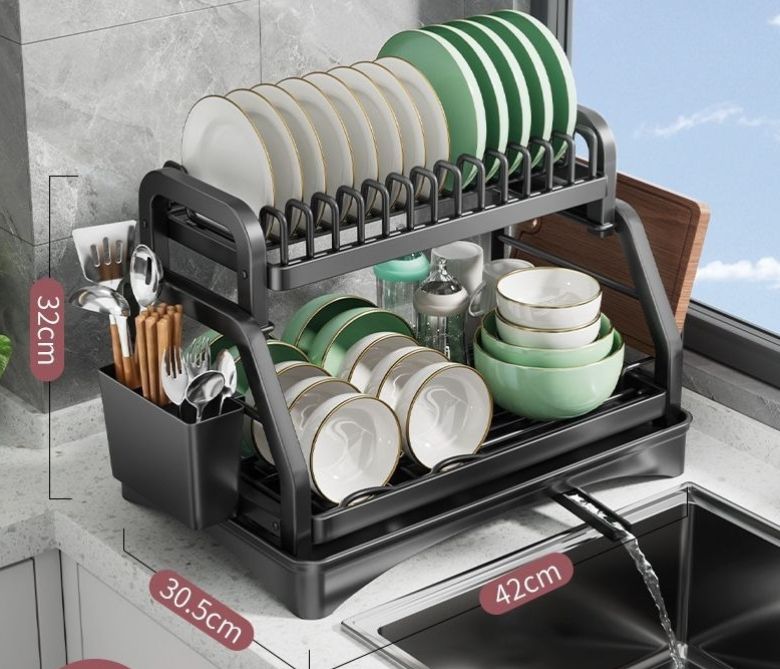 Kitchen Counter Dish Rack with Utensil Holder, Space-Saving 2-Tier Dish Drying Rack for Kitchen, Large Capacity