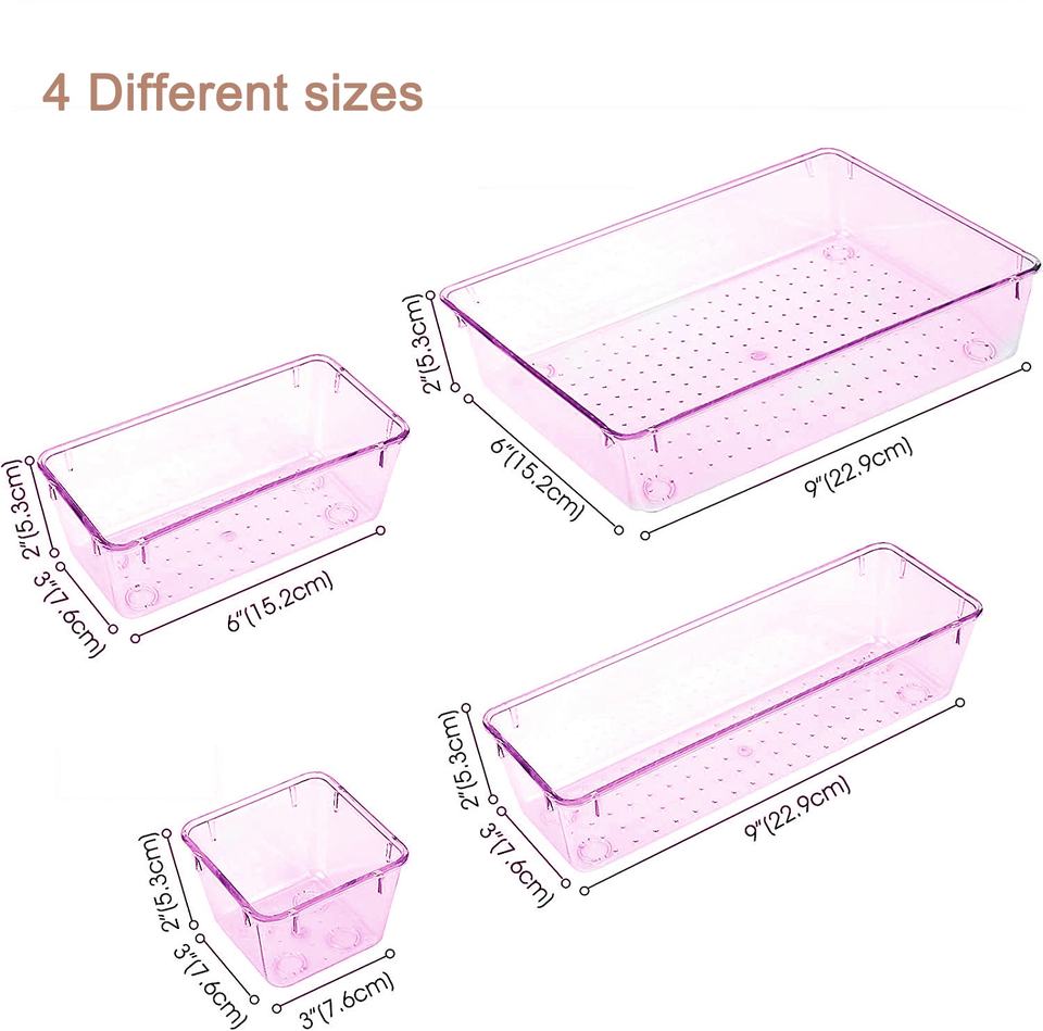 Stackable Clear Acrylic Kitchen Accessory Plastic Drawer Organizer Set of 4 Different Sizes for Cosmetics and Jewelry