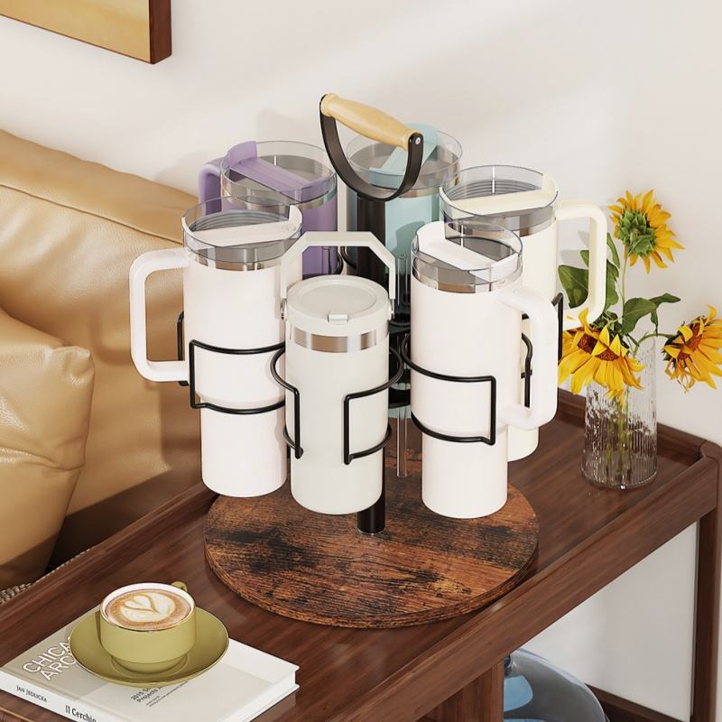 360° Rotating Iron Cup and Straw Holder with Adjustable Storage Shelf