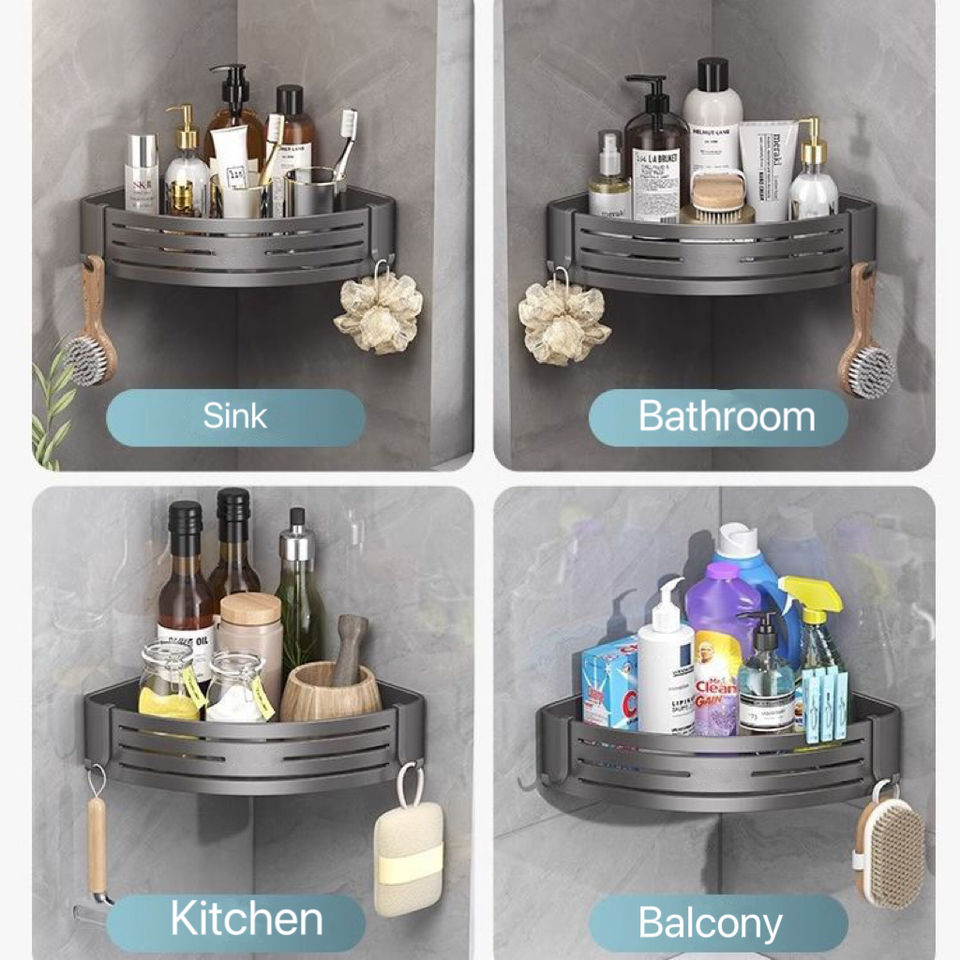 Stainless Steel Bathroom Corner Shelf with Hooks & Toothpaste Holder