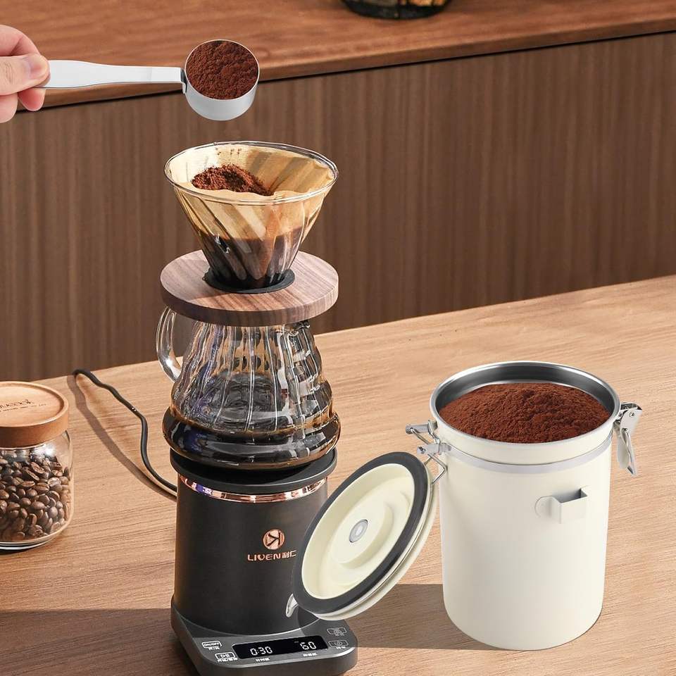 Airtight Stainless Steel Coffee Bean Storage Container with Measuring Spoon