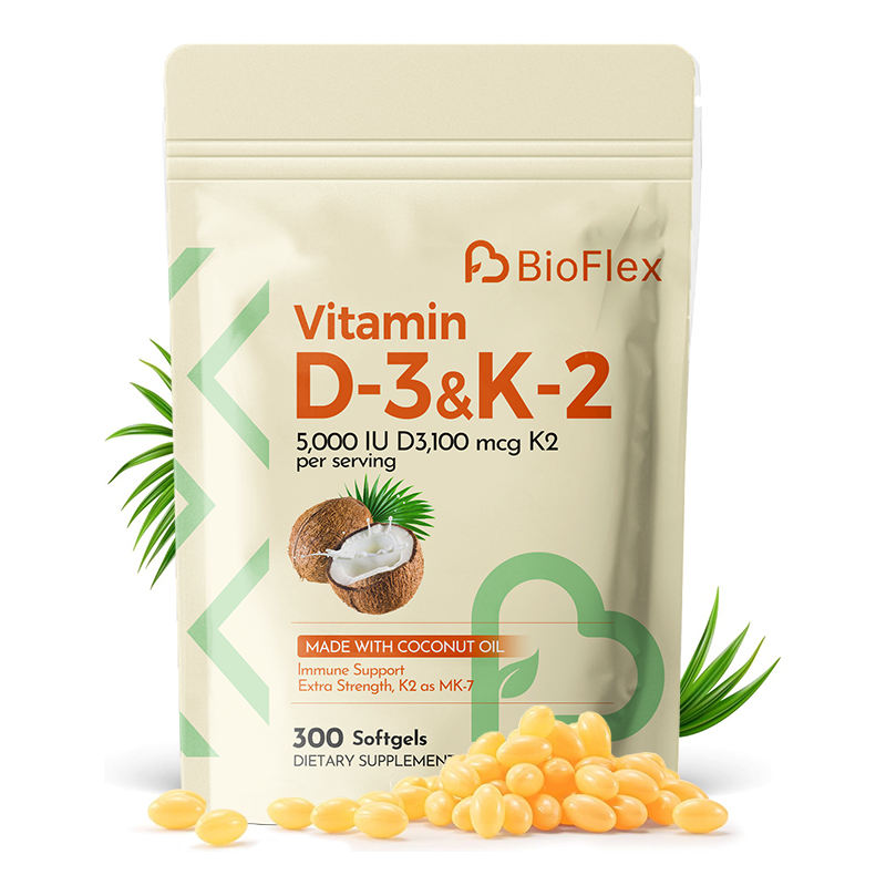 BioFlex High-Quality 2-in-1 Extra Strength Vitamin D3 5000 IU & 100mcg K2-MK7 Softgel Supplement with Coconut Oil