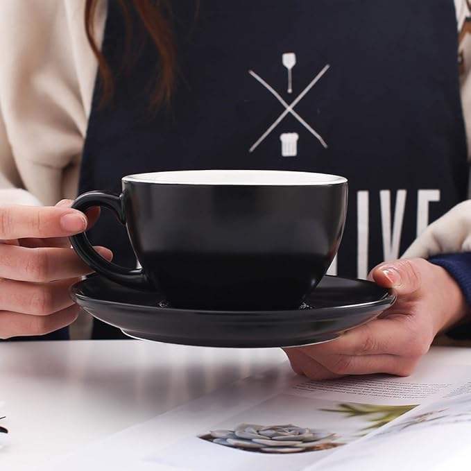 Ceramic Tea and Coffee Cup Set with Saucer - 250ml Ideal for Latte and Cappuccino