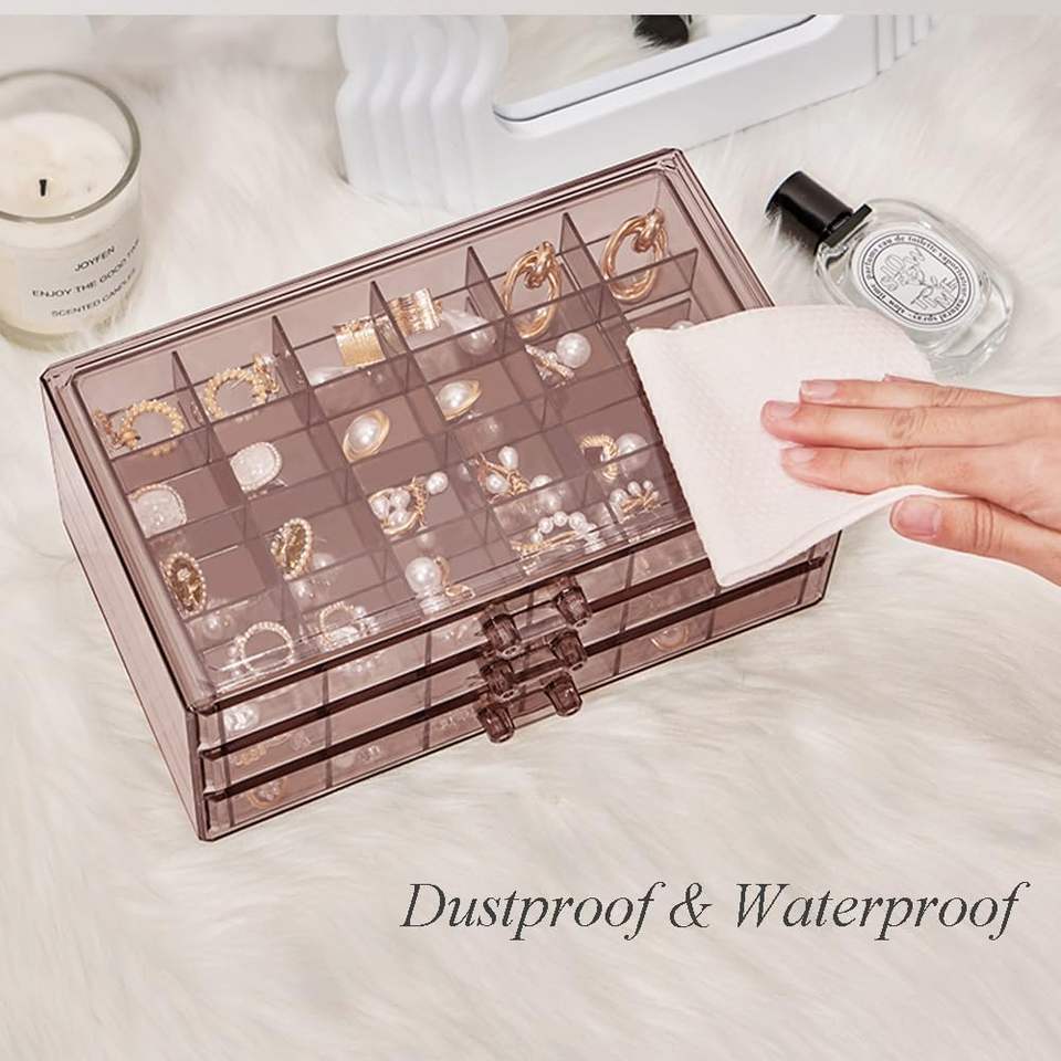 Earring Organizer Stand with 3 Drawers Acrylic Jewelry Storage Box Transparent Jewelry Display Stand with 72 Small Compartments
