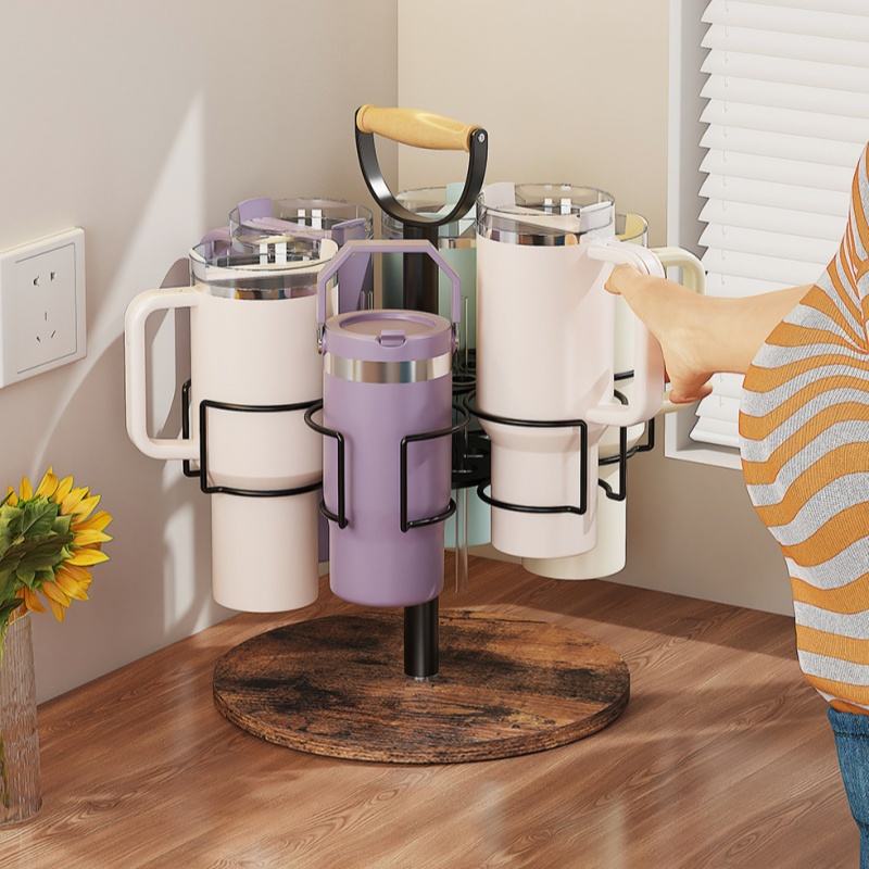 360° Rotating Iron Cup and Straw Holder with Adjustable Storage Shelf