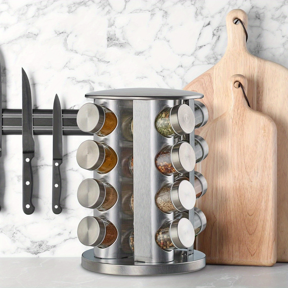 Rotating Glass Spice Rack with Stainless Steel Base for Kitchen Organization