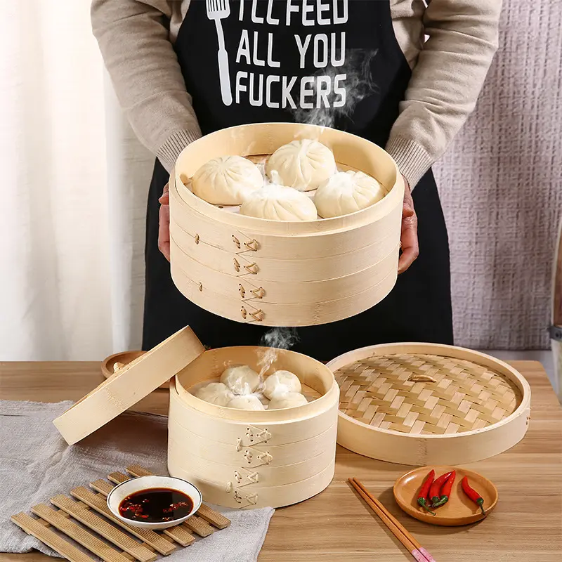 2-Tier Bambus Steamer Basket Set with Wood Base for Gas Stove Home Use Dumpling Food Steaming Asian Cuisine