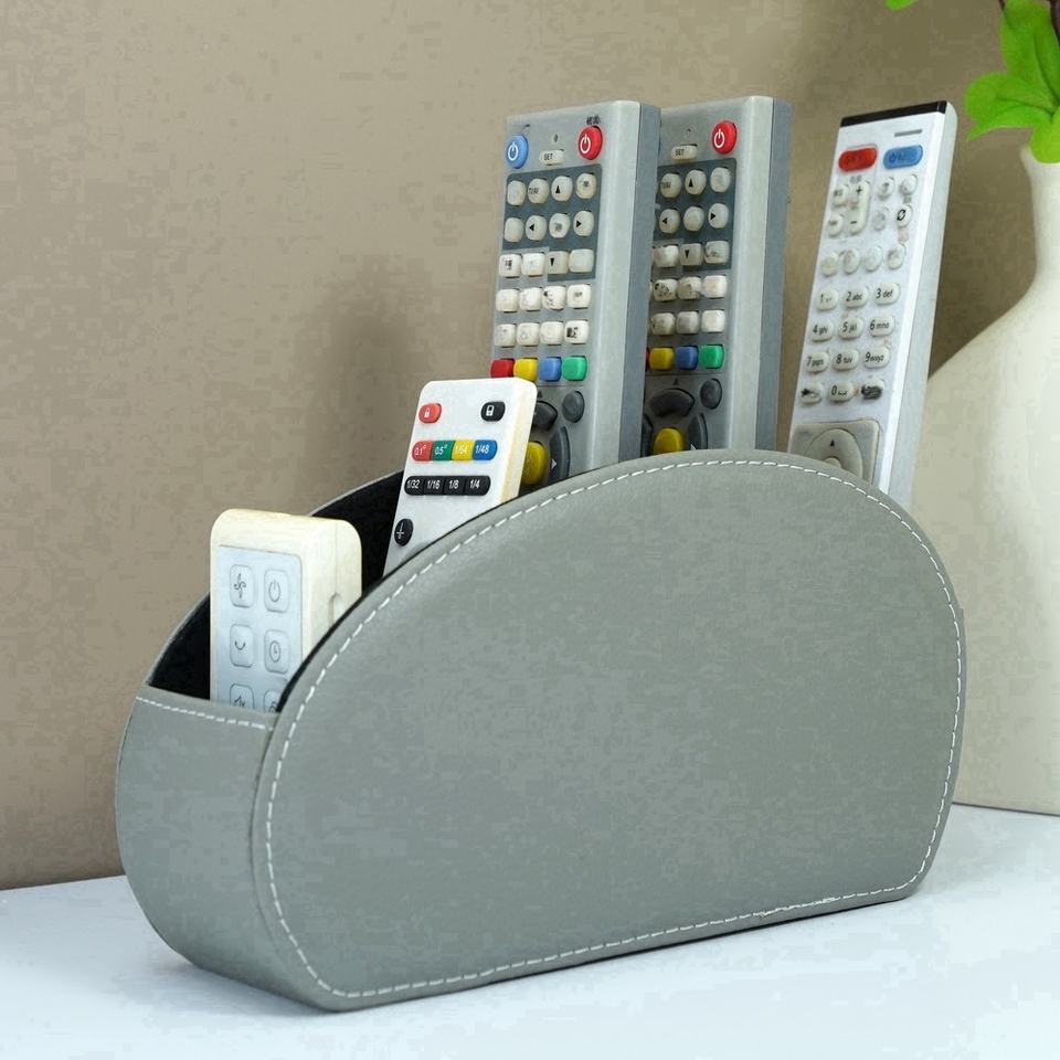 Desktop Leather Remote Control Organizer with 5 Spacious Compartments for TV Remotes