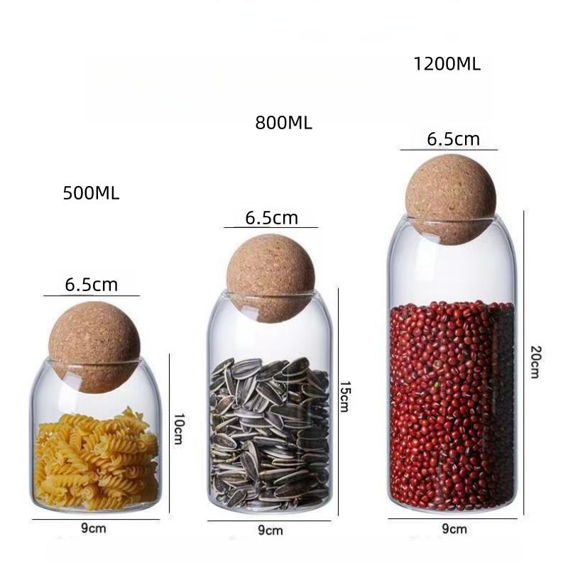 Round Cork Glass Storage Jars Set, Coffee Bean Canister, Kitchen Grain Storage Canister, Moisture-Resistant Storage Bottle
