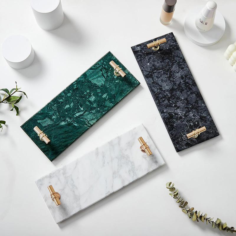 12" Marble Tray Napkin and Towel Organizer with Golden Handles