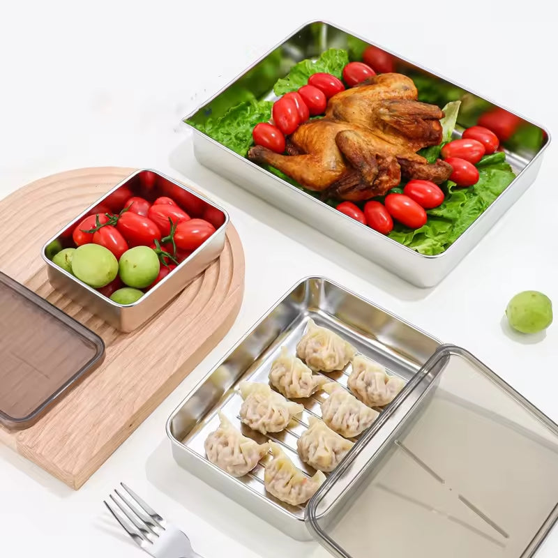 Stainless Steel 304 Airtight Food Storage Box 400ml with Transparent Lid for Vegetables/Meat/Fruits