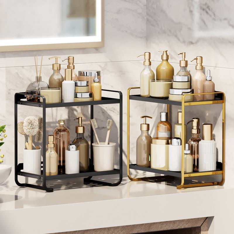 Double-Layer Metal Storage Shelf for Cosmetics and Kitchen