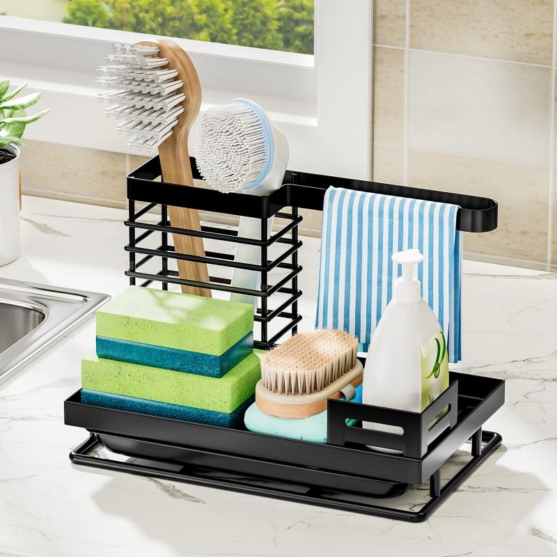 Metal Sink Caddy Sponge Holder for Kitchen Sink Shelf Countertop Brush Organizer and Towel Rack