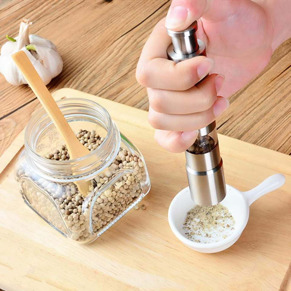 Modern Thumb-Press Stainless Steel Salt and Pepper Grinder for Black Pepper and Sea Salt