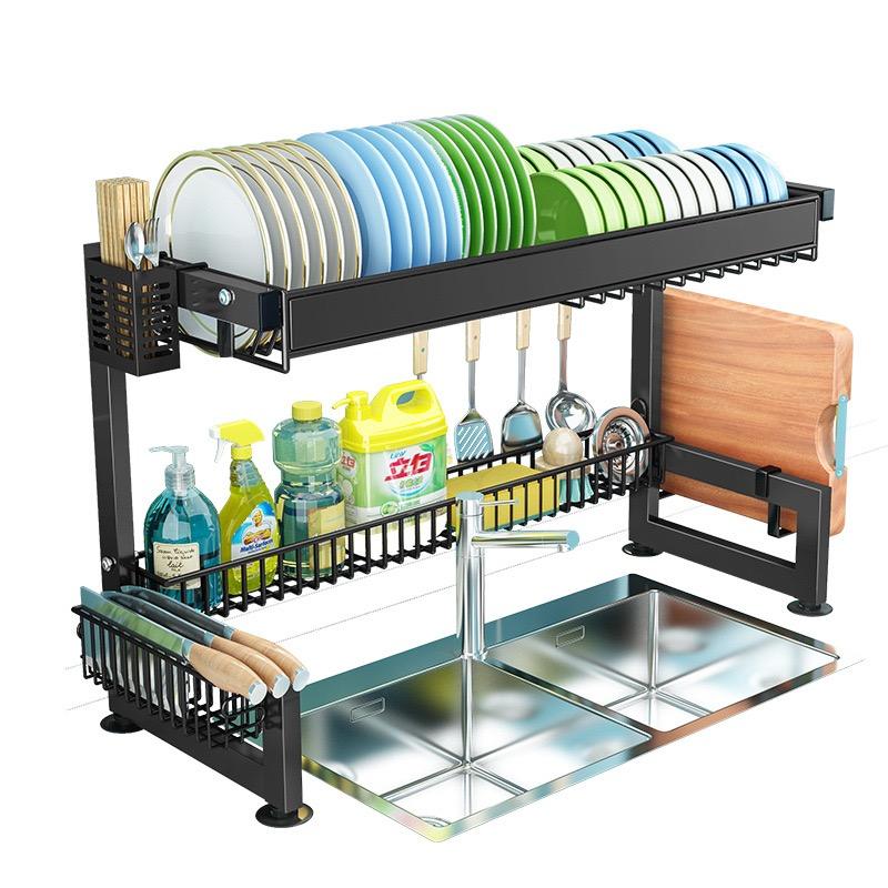 Large Dish Drying Rack for Kitchen Countertop with Multiple Baskets Cutlery Sponge Sink Rack 2 Tier Black