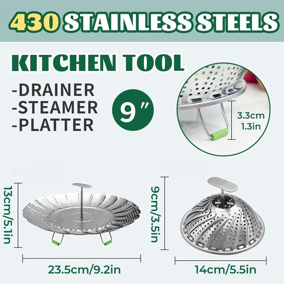 Collapsible Stainless Steel Steamer with Removable Handle for Pots