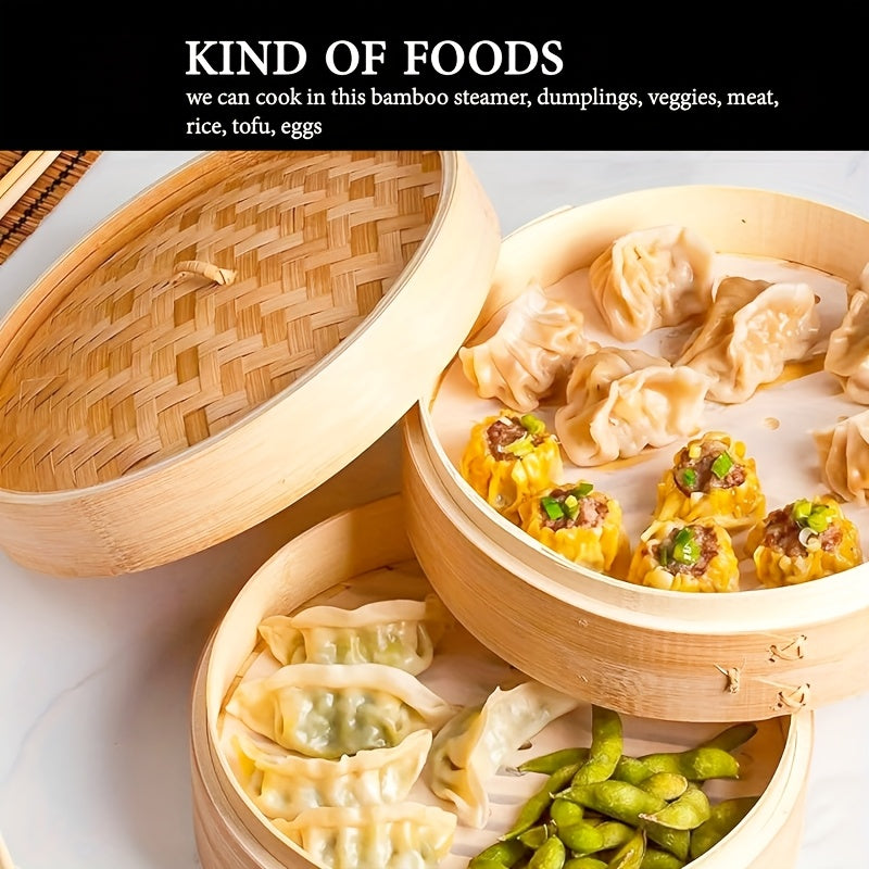 Bamboo Steam Basket 2-Tier Eco-Friendly Steamer for Cooking and Serving with Lid