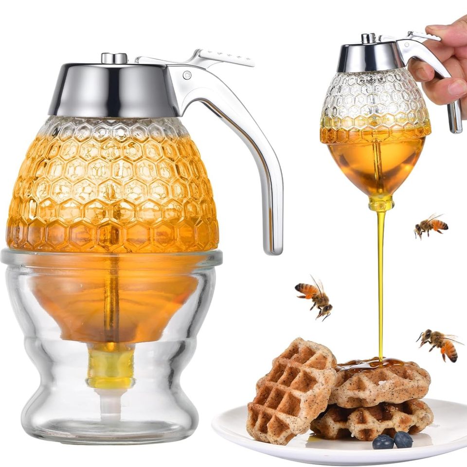 Modern 8 oz Food-Grade Plastic Container Transparent Plastic Honey Dispenser with Drip-Free Stand and Scoop for Parties