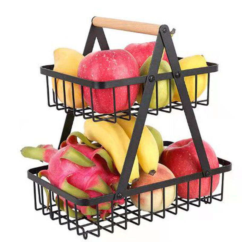 2 Tier Metal Grid Hanging Fruit Basket Storage Bin for Dining Table