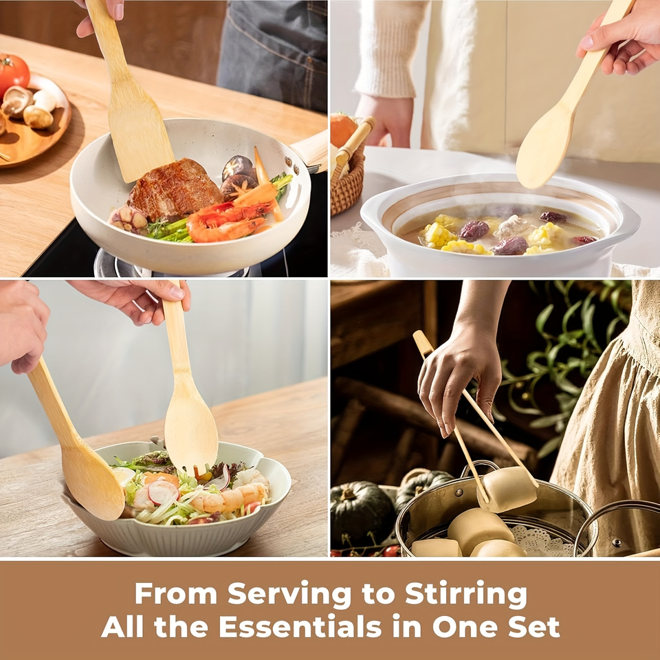 Bamboo Cooking Spoon Set for Everyday Kitchen Use - Durable, Easy to Clean, Sturdy, Lightweight, Heat Resistant