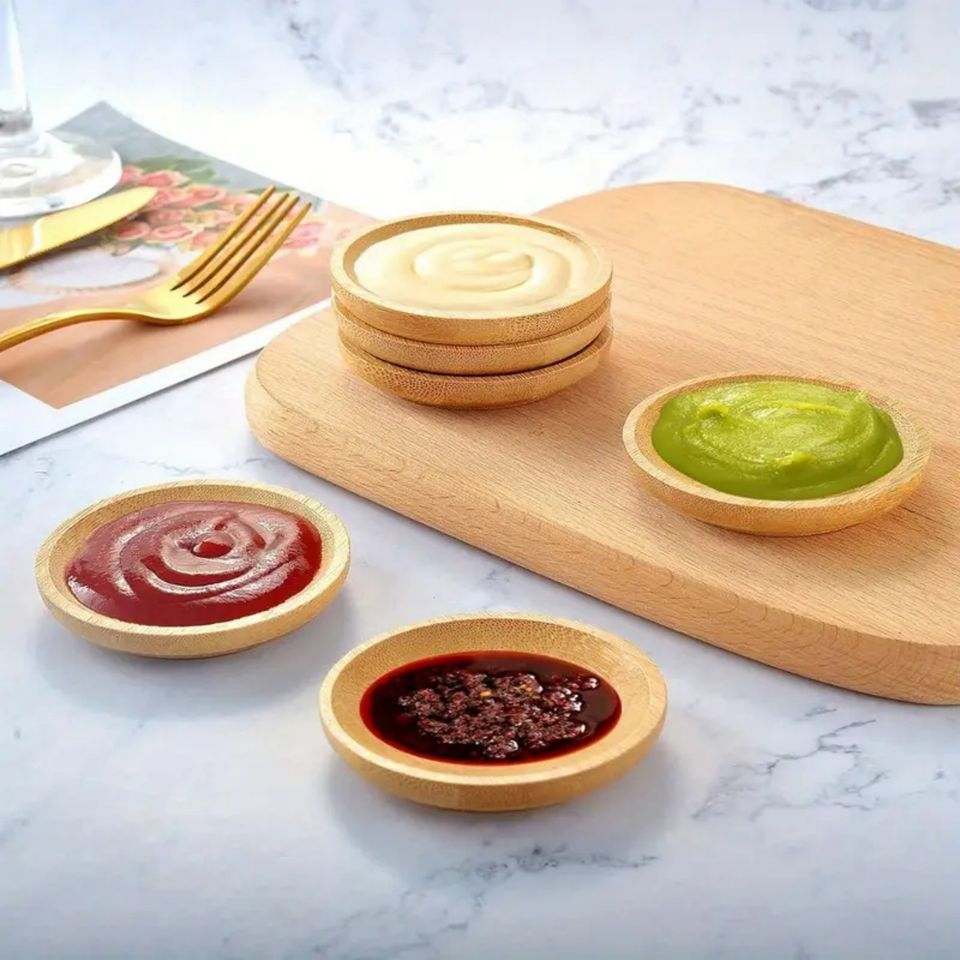 Mini Bamboo Dip Sauce Bowls for Home Use - Ideal for Jam, Sushi, Ketchup, Barbecue Sauce, and Fast Food Restaurants