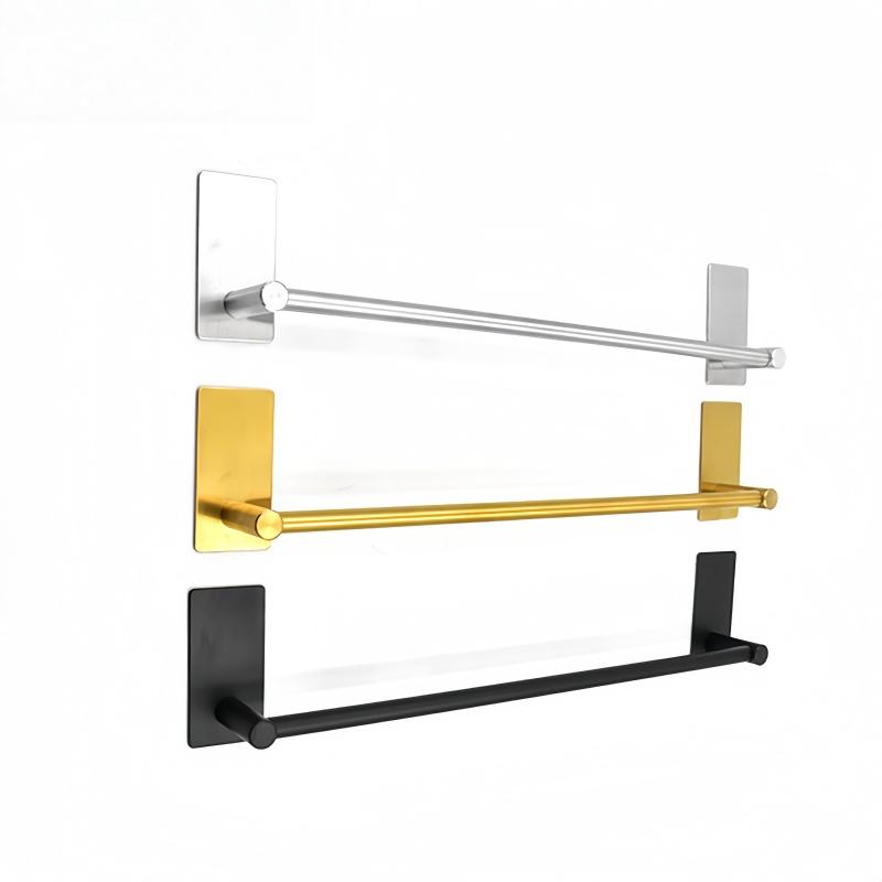 Stainless Steel Bathroom Hardware Set - Wall-Mounted Towel Holder with 2 Adhesive Hooks