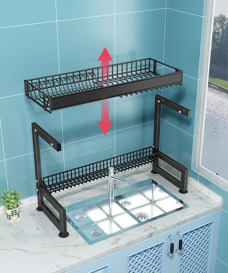 Large Dish Drying Rack for Kitchen Countertop with Multiple Baskets Cutlery Sponge Sink Rack 2 Tier Black