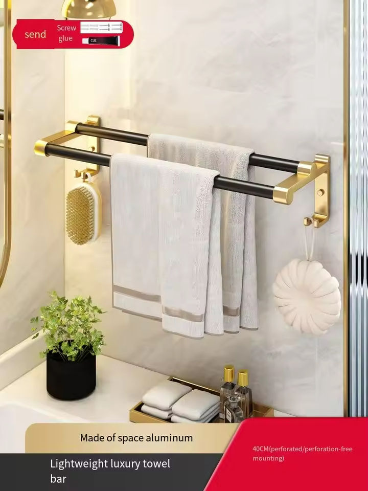 9-Piece Aluminum Folding Storage Rack Hardware Set in Black and Gold Towel Holder Shelf Bathroom Shelves