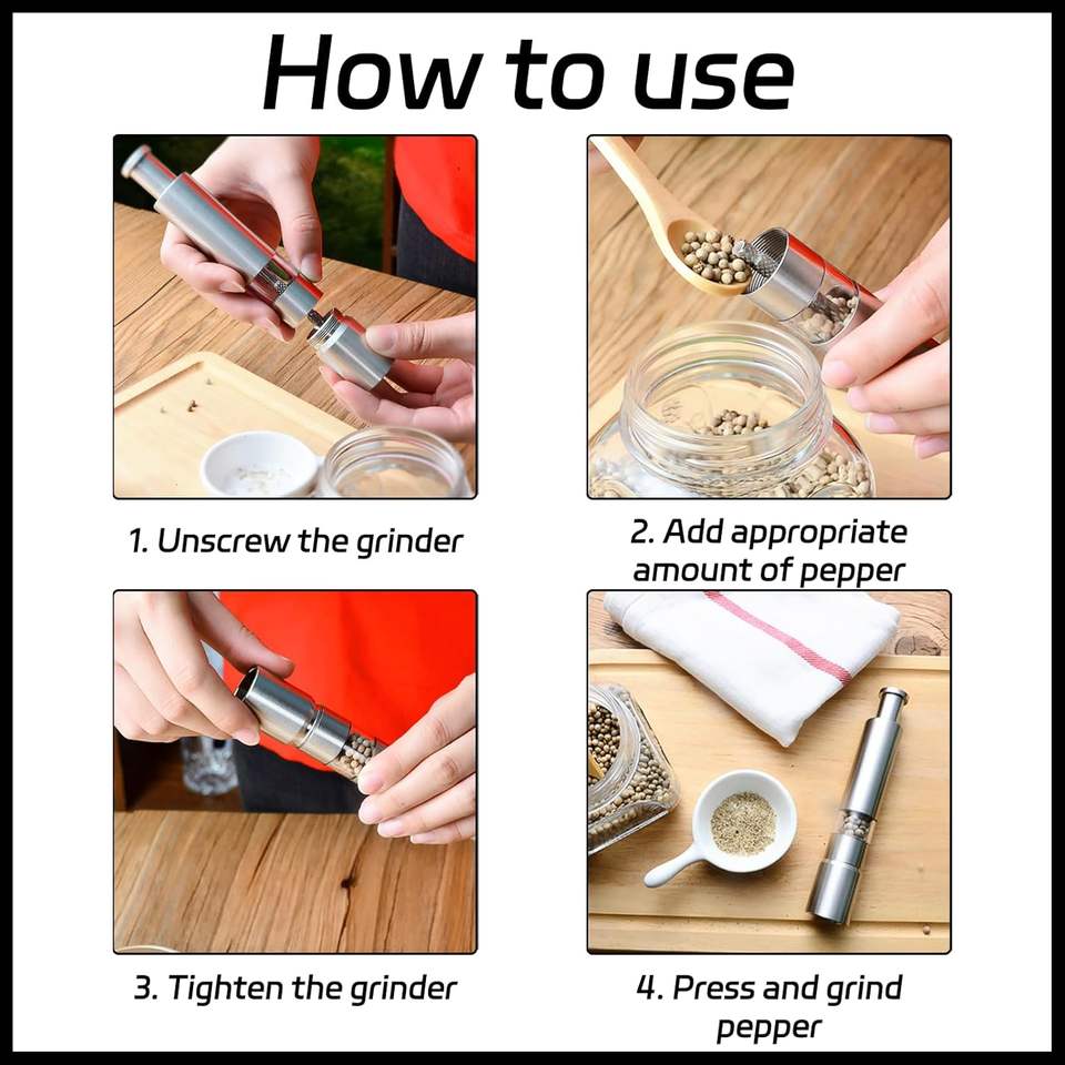 Modern Thumb-Press Stainless Steel Salt and Pepper Grinder for Black Pepper and Sea Salt