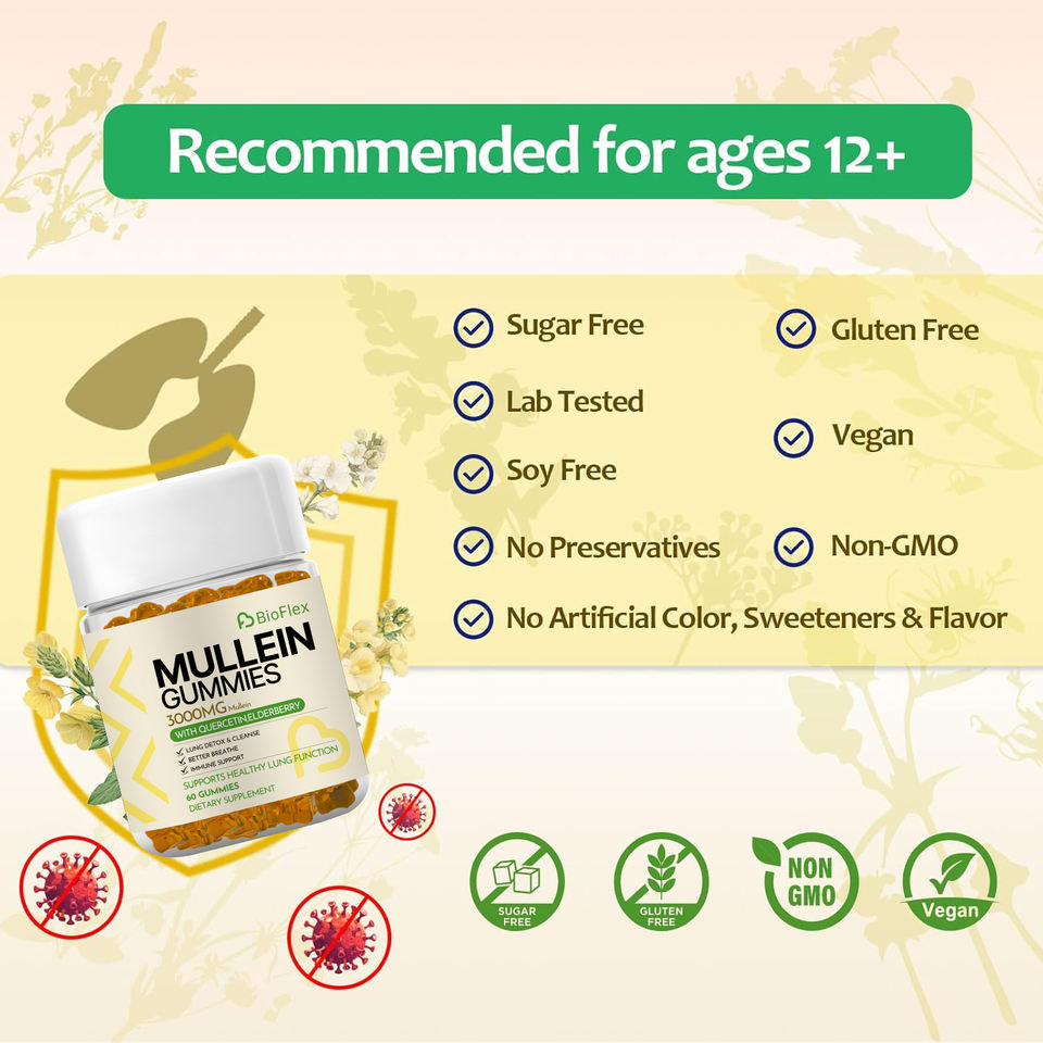Bioflex OEM 3000mg Mullein Leaf Extract Gummies - Immune Support Respiratory-Lung Cleanse Natural Vegan Mullein Gummies for Lungs