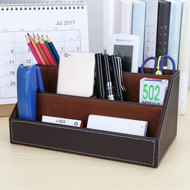 Multifunctional Student Desktop Pen Holder in Japanese and Korean Style Creative Leather Stationery Storage Box with Containers