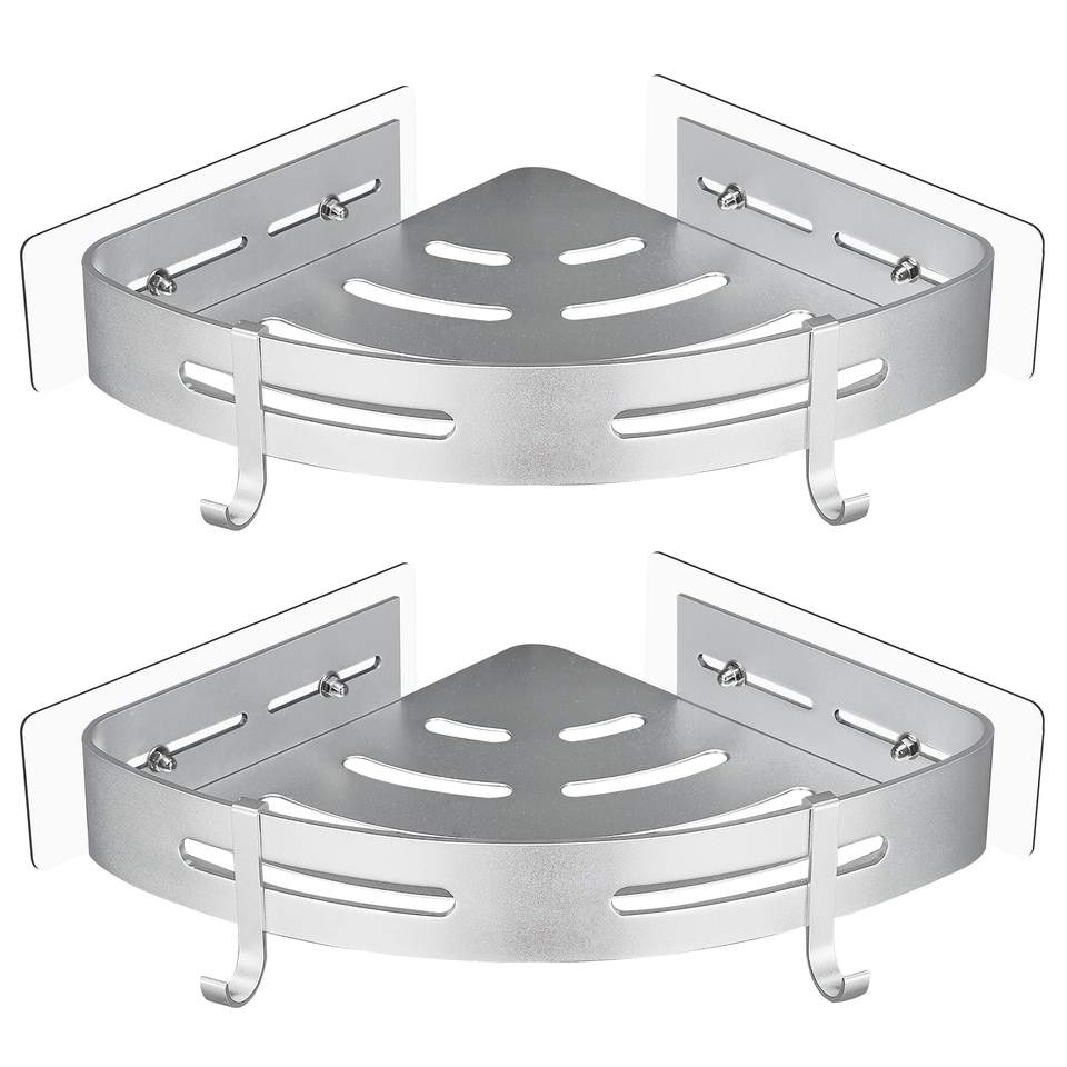 Aluminum Bathroom Corner Shelf with 4 Hooks