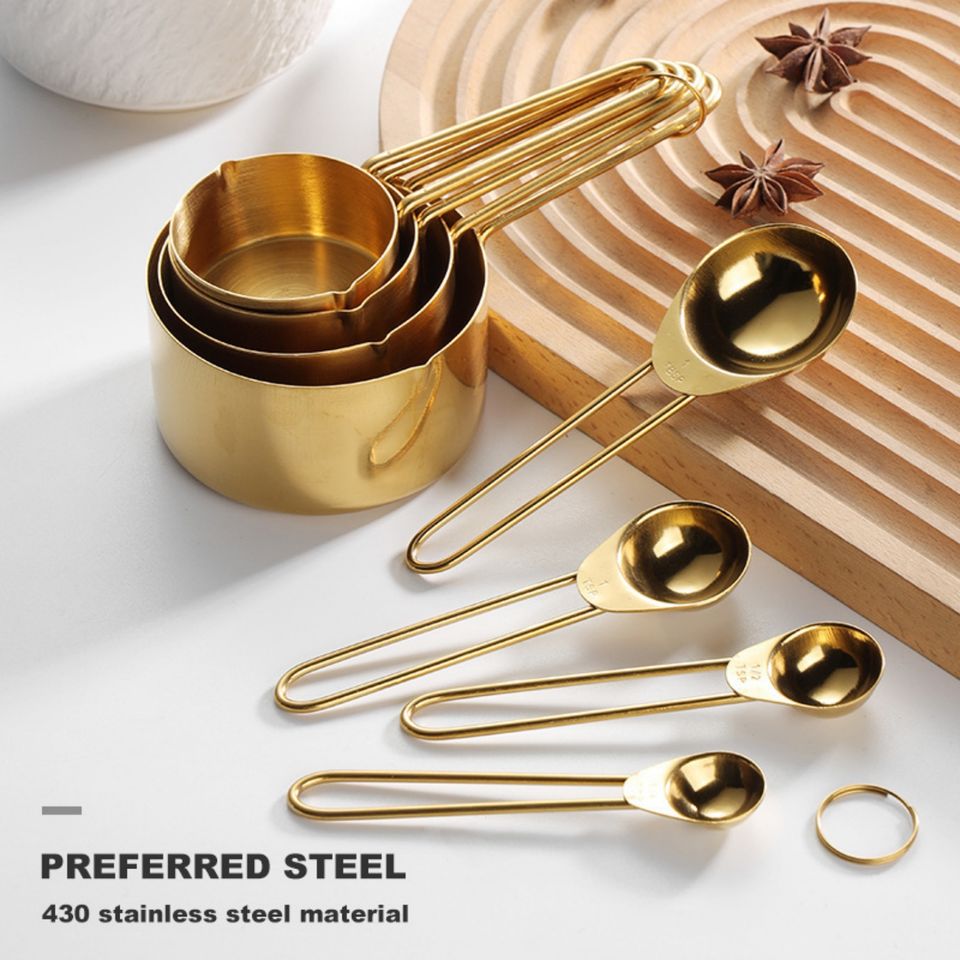 Stackable Stainless Steel Measuring Cups and Spoons Set with Engraved Marking Ruler for Baking and Liquid Measurement