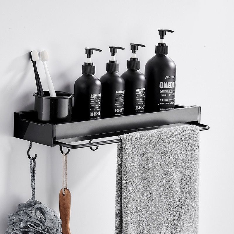 Bathroom Organizer Shelf with Hooks | Self-Adhesive Black Bathroom Storage Rack