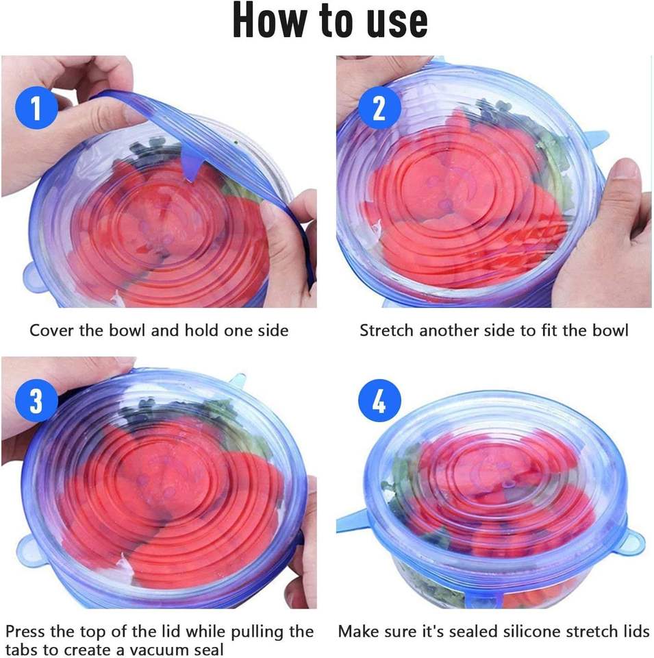 Silicone Stretch Crisper Lids Reusable Bowls Durable Food Storage Silicone Lid, 6 Sizes for Most Containers