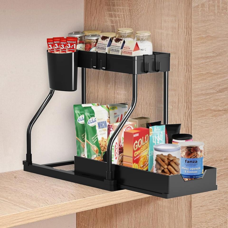 2-Layer Under-Sink Organizer with Extendable Kitchen Shelf and 4 Hooks Multifunctional Sink Storage for Bathroom, Under Kitchen Sink