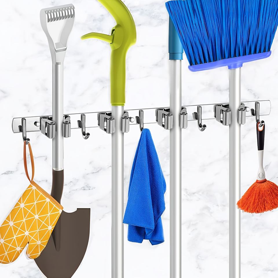 4 Halterungen mit 5 Haken, silberner Besenhalter, Mopphalter, Garten- und Küchenwerkzeug-Organizer, Wandmontage
